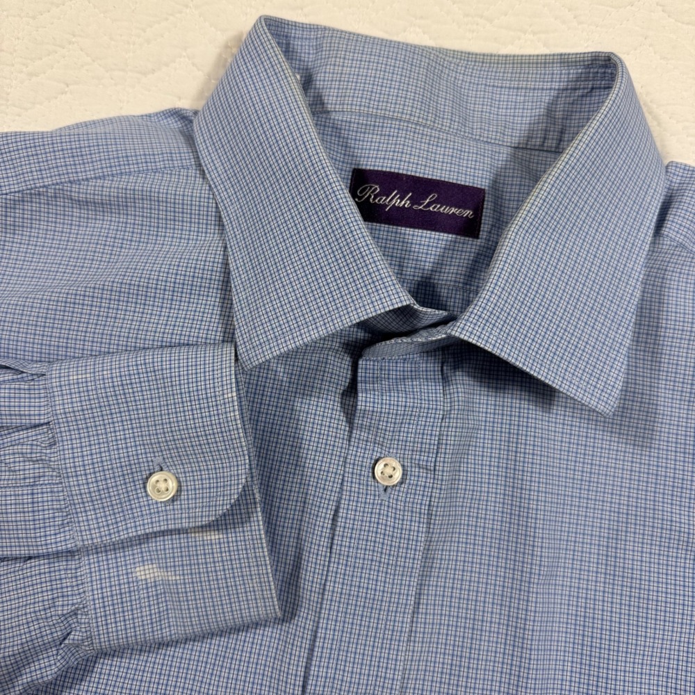 Ralph Lauren Purple Label Shirt 17.5 Blue Micro Check Italy Cotton *Read Note*